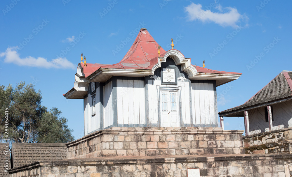 Fototapeta premium Antananarivo ,Madagascar - July 22, 2019 - Royal tombs at the Rova of Antananarivo, a royal palace complex (rova) in Madagascar that served as the home of the sovereigns of the Kingdom of Imerina