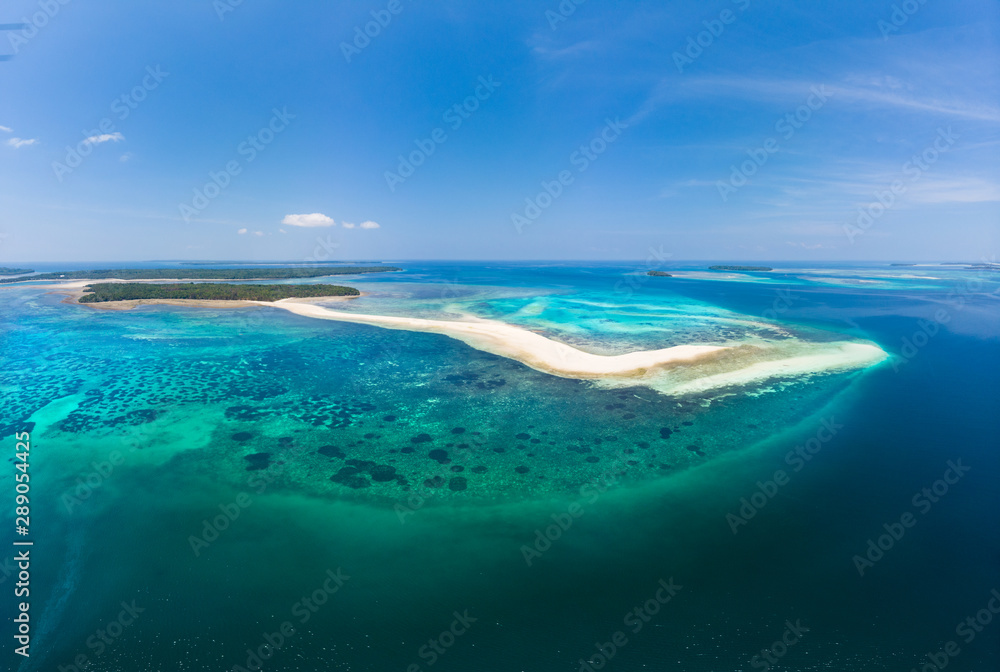 Fototapeta premium Aerial view tropical beach island reef caribbean sea. White sand bar Snake Island, Indonesia Moluccas archipelago, Kei Islands, Banda Sea, travel destination, best diving snorkeling