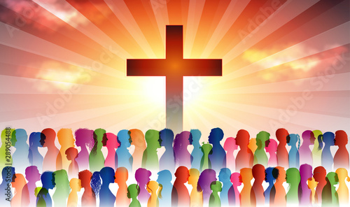 People finding Christianity. Crowd of believing people. People at the cross. Believers who pray. Group of people. Christian Church. Christian worship. Group of families. Dark background