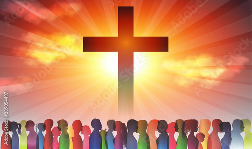 Christian church with group of people. Silhouette Christian people at the cross. Crowd of believing people. Finding Christianity. Group of families. Dark background