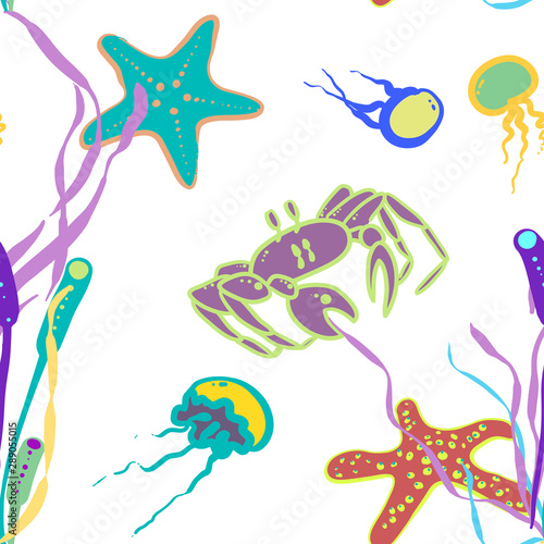 Underwater world. Vector seamless pattern with starfishes, crabs, jellyfishes, corals and seaweed on white background. Good for wrapping, paper fabric, textile.