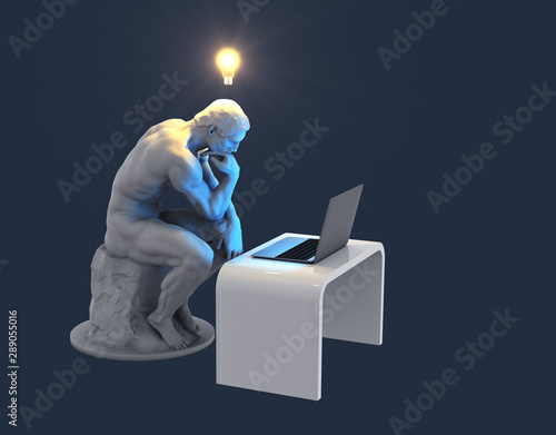 Sculpture Thinker With Laptop And Glowing Light Bulb Over His Head As Symbol Of New Idea. Blue Background photo