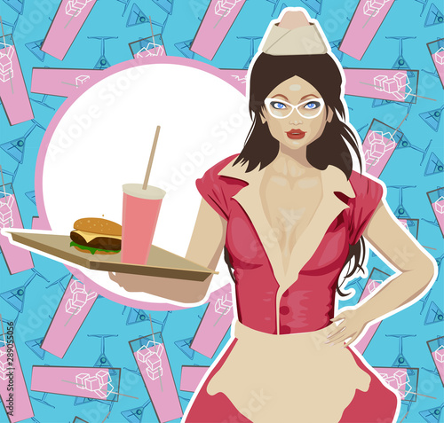 Waitress with the tray. Diner. Retro styled flat vector image