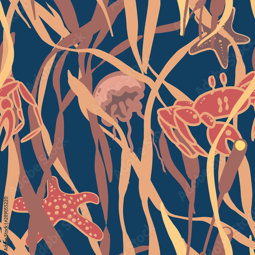 Vector seamless pattern with seaweed jellyfish, starfish, and crabs. Sea or ocean world. Good for wrapping, paper, background.