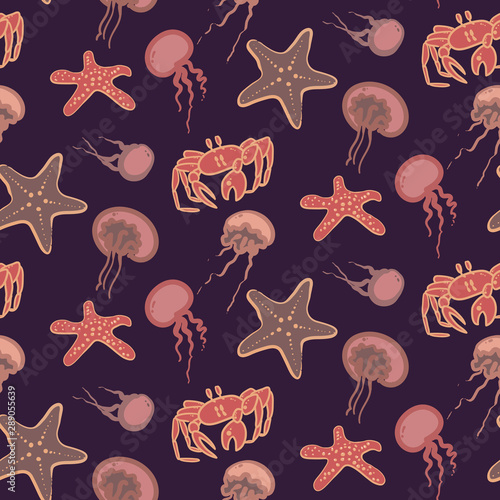 Colorful vector seamless pattern with underwater inhabitants: sea stars, jellyfish, crabs. Good for childrens wrapping, textile, fabric, background.