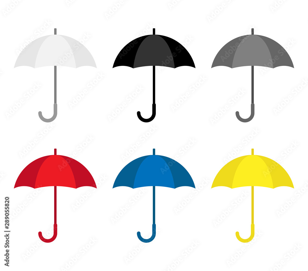Open umbrella rain protection, set white, black, grey, red, blue, yellow. Rainy season, monsoon. Vector illustration flat style isolated.