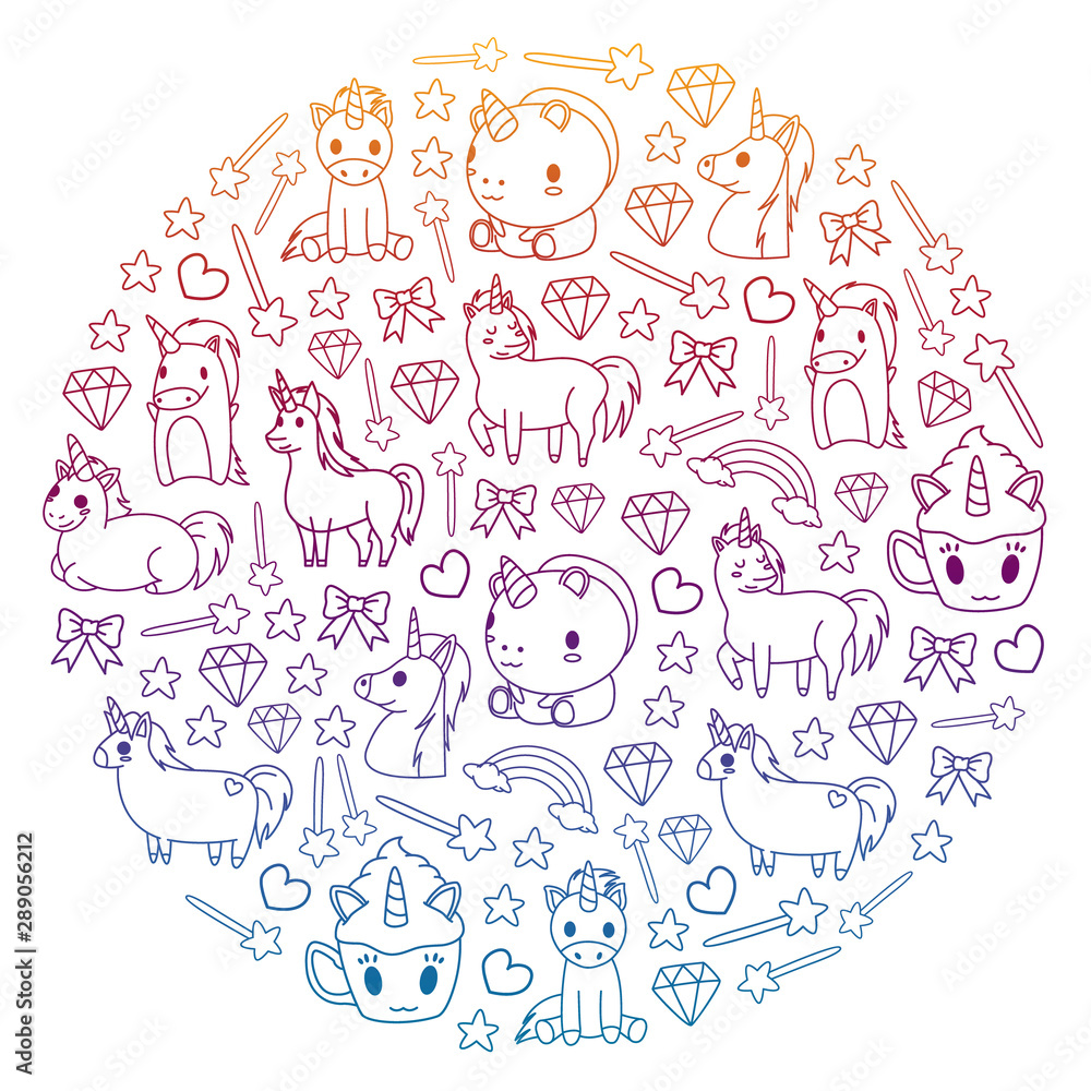 Children pattern with fairy tale unicors for kids clothes, posters, banners, shirts. Vector image with cartoon character. Children pattern with fairy tale unicors for kids clothes, posters, banners, shirts. Vector image with cartoon character.