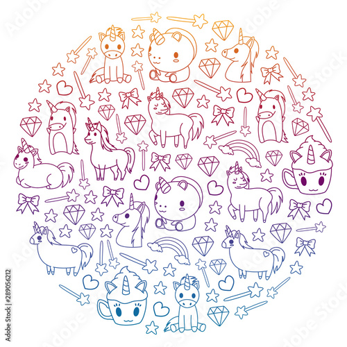 Children pattern with fairy tale unicors for kids clothes, posters, banners, shirts. Vector image with cartoon character.