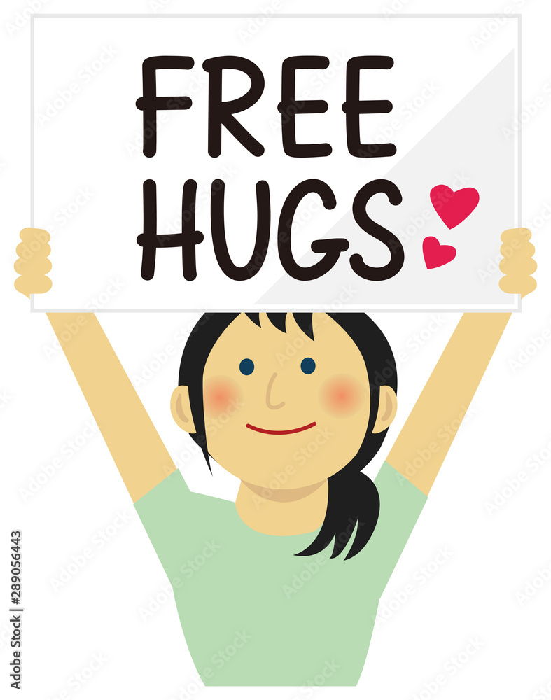 Cartoon young woman holding a free hugs placard. Flat vector illustration. Cartoon young woman holding a free hugs placard. Flat vector illustration.