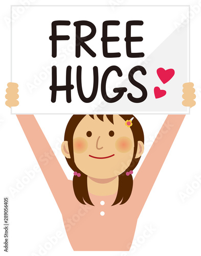 Cartoon young woman holding a free hugs placard. Flat vector illustration.