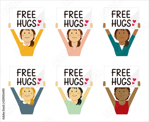 Cartoon young woman holding a free hugs placard. Flat vector illustration.
