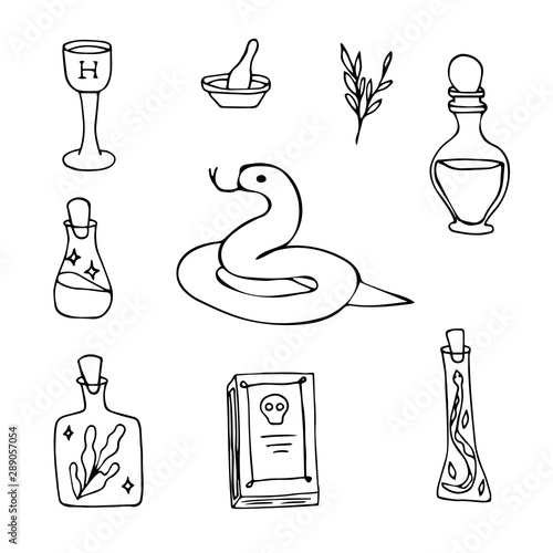 Halloween magic objects collection. Hand drawn elements for ritual. Sketch holiday illustration.