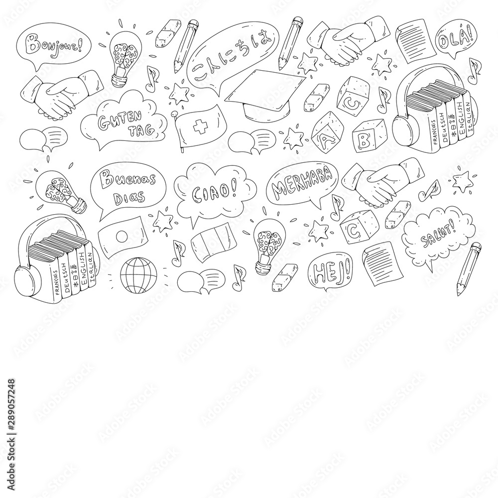 Vector pattern for language class, online courses. English, arabic, italian, japanese, spanish, chinese, german. Vector pattern for language class, online courses. English, arabic, italian, japanese, spanish, chinese, german.
