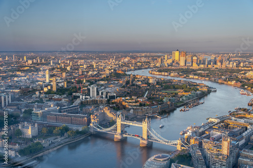 Iconic Tower Bridge and London skyline, shot from The Shard