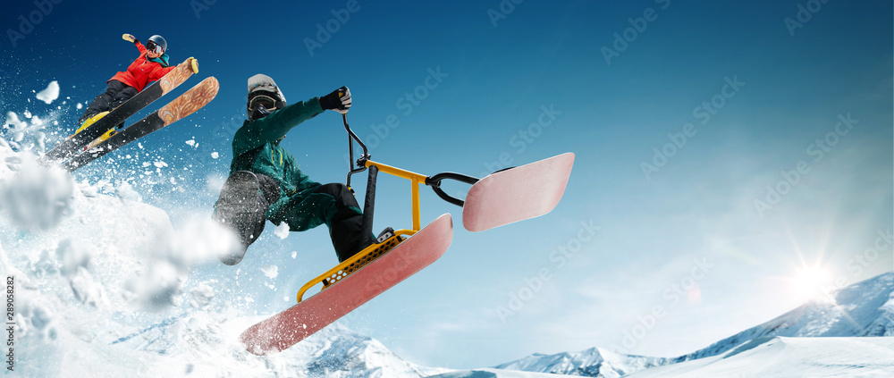 Skiing, snow scoot, snowboarding. Extreme winter sports. Skiing, snow scoot, snowboarding. Extreme winter sports.