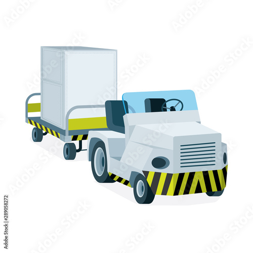 Airport luggage towing truck illustration. Aircraft truck and luggage cart. Airport vector tractor in flat material style design.  Little tractor with cart isolated on white background.