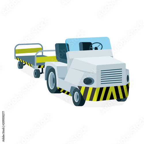 Airport luggage towing truck illustration. Aircraft truck and luggage cart. Airport vector tractor in flat material style design.  Little tractor with cart isolated on white background.