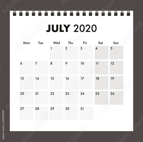July 2020 calendar with wire band