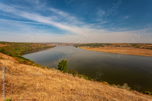 Beautiful autumn landscape with a river in the early morning  The Dniester river in Moldova near the village of Molovata