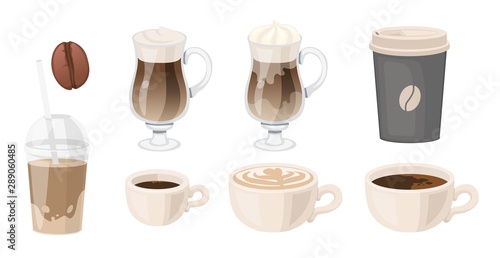 Coffee set. latte grain glasse takeaway coffee ice espresso cappuccino americano Vector illustration isolated on white.