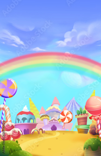 Magical Rainbow Land. Children Imaginary Natural Backdrop. Concept Art. Realistic Illustration. Video Game Digital CG Artwork. Fairytale Scenery.