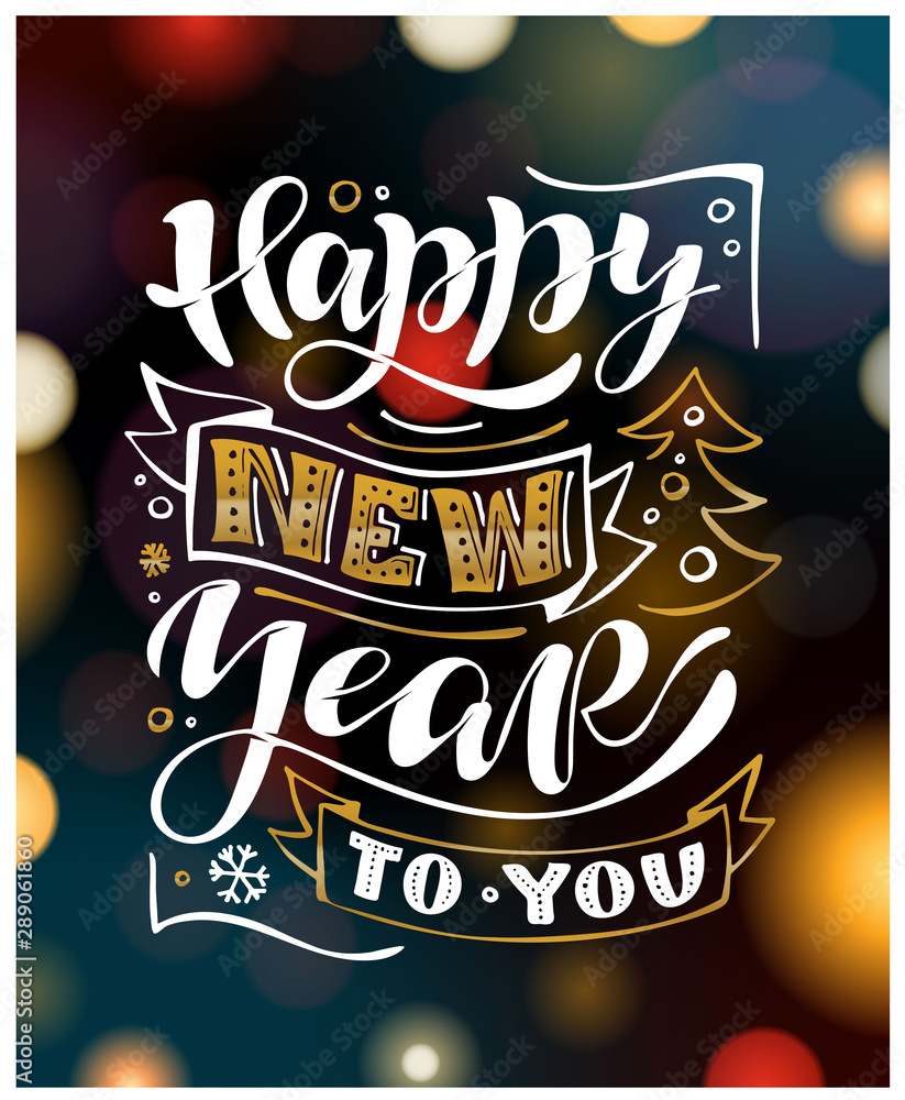 Obraz premium Hand sketched Happy New Year logotype, badge, icon lettering typography. Lettering 'Happy New Year' for Christmas greeting card, invitation template. Winter banner, poster. Merry Christmas