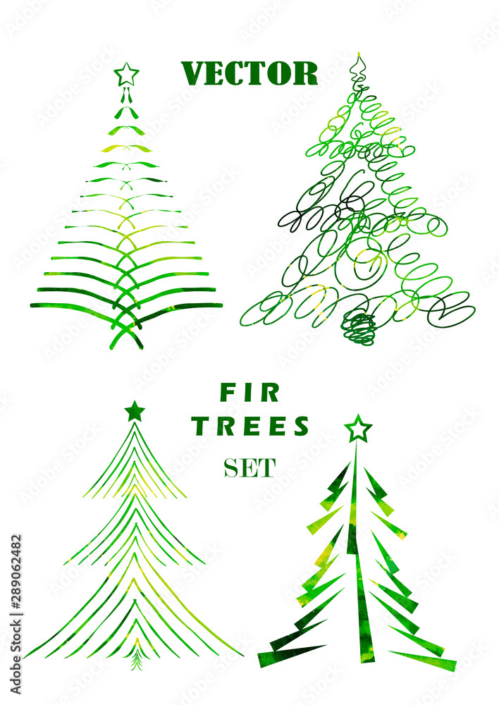 Obraz premium Сhristmas trees on white. Set for design on isolated background. Geometric art. Bright green colored collection. Simple christmas tree symbol