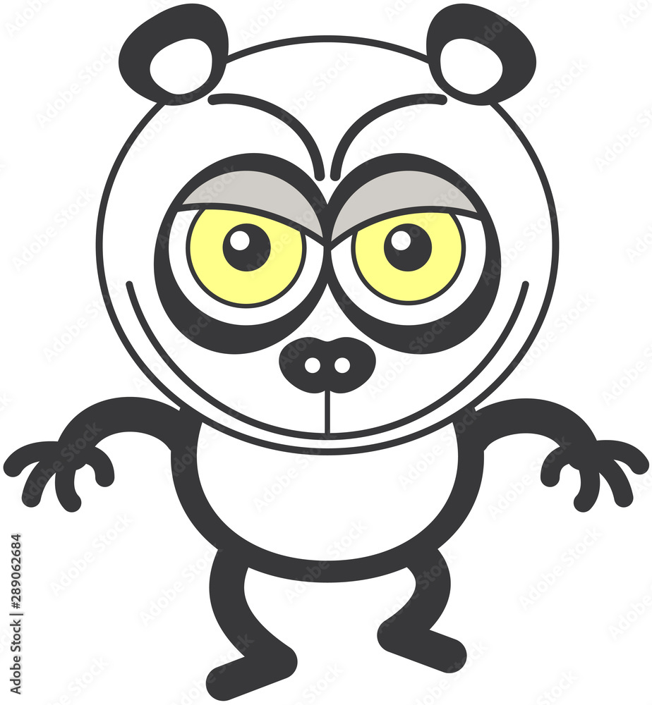 Fototapeta premium Nice cartoon panda bear with rounded ears and black rings around eyes while walking, frowning, smiling mischievously and showing a naughty mood