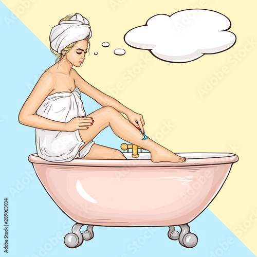 Women hygiene and beauty, body care cosmetics pop art vector ad banner template with young, blond woman wrapped in white bath towel, sitting on bathtub edge, shaving leg with safety razor illustration