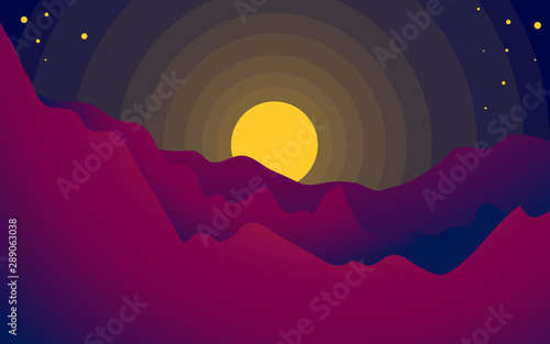 flat illustration of a sunrise between the beautiful mountains. vector illustration with gradient color. for background  website  card  and wallpaper.
