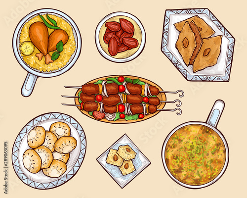 Oriental, eastern country national cuisine food, exotic culinary, arabian sweets and meat dishes isolated, cartoon vector set. Umm ali, basbousa, kahk, baklava, biryani, kebab on plates illustration