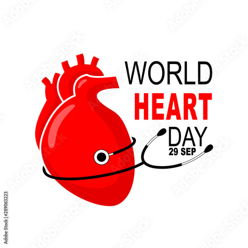 Abstract human heart with stethoscope. World heart day, health care concept. Illustration isolated on white background.