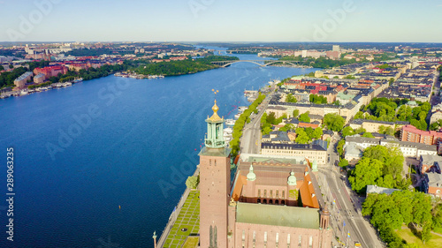 Stockholm, Sweden. Stockholm City Hall. Stockholms stadshus. Built in 1923, red brick town hall, From Drone photo