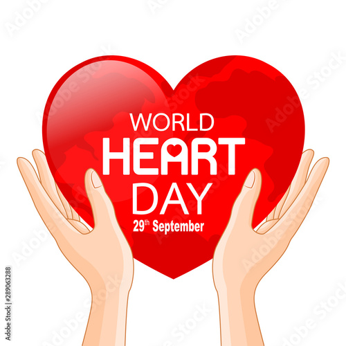 Human hands with globe in heart shape. World heart day in red heart. Health care concept. Illustration isolated on white background.