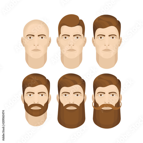 Man face vector illustrations set. Male character face constructor. Man face with different beard styles isolated on white background.