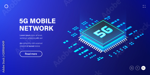 5G network processor illustration. Mobile wireless internet of next generation. Isometric futuristic hi-tech smartphone with big letters. Web page design template