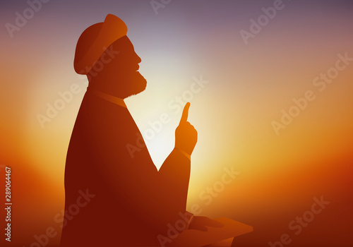 Symbole de la religion musulmane chiite avec un Ayatollah qui prie et prêche devant ses fidèles en tendant un doigt vers le haut.