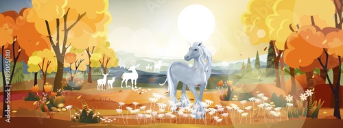 Fantasy panorama landscapes of Countryside in autumn,Panoramic of mid autumn farm field, with unicorn, wild floers and leaves falling from trees in yellow foliage. Wonderland landscape in fall season