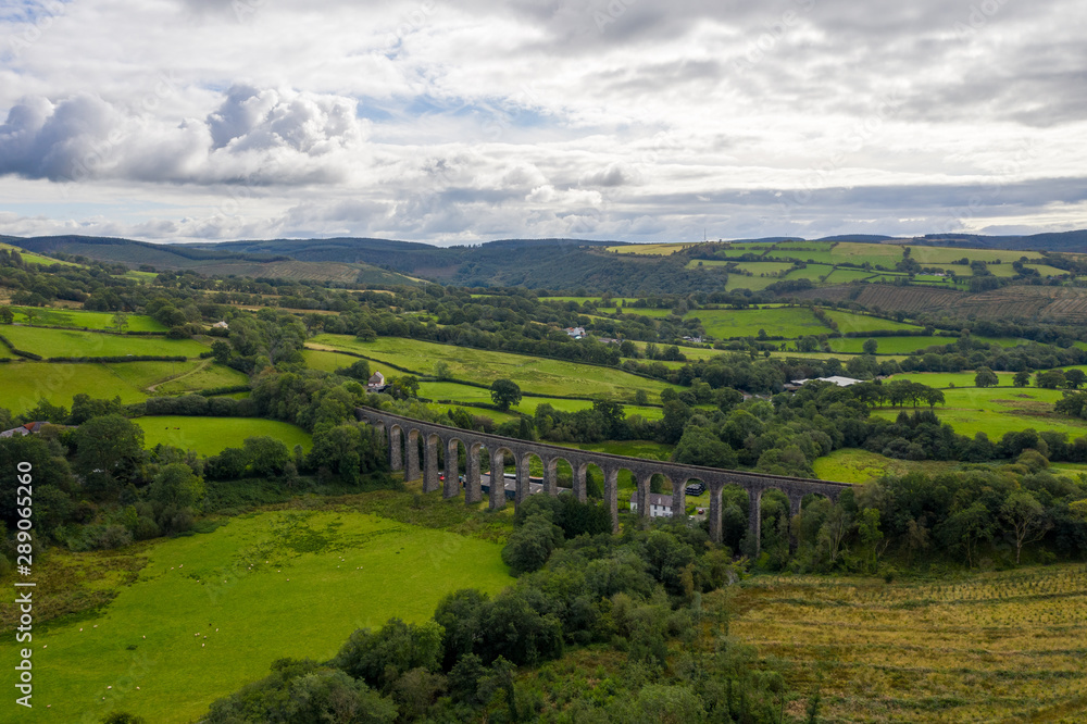 Aerial view of  Cynghordy in Carmarthenshire, Dyfed, Wales, UK - with the Cynghordy Railway Viaduct