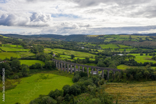 Aerial view of  Cynghordy in Carmarthenshire, Dyfed, Wales, UK - with the Cynghordy Railway Viaduct