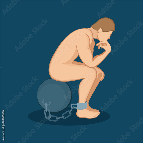 Naked thinking man with heavy iron shackles. Thinking man character chained to the iron ball. Concept design element business and psychology themes. Part of set. 