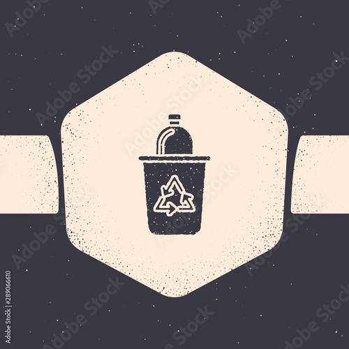 Grunge Recycle bin with recycle symbol icon isolated on grey background. Trash can icon. Garbage bin sign. Recycle basket sign. Monochrome vintage drawing. Vector Illustration