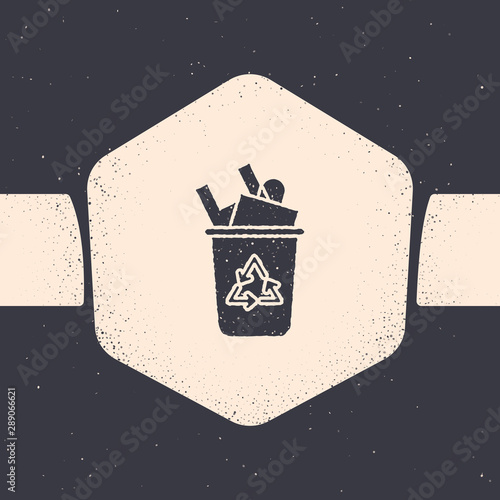 Grunge Recycle bin with recycle symbol icon isolated on grey background. Trash can icon. Garbage bin sign. Recycle basket sign. Monochrome vintage drawing. Vector Illustration