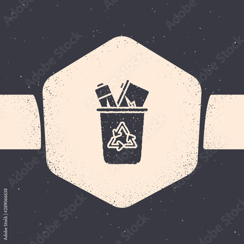 Grunge Recycle bin with recycle symbol icon isolated on grey background. Trash can icon. Garbage bin sign. Recycle basket sign. Monochrome vintage drawing. Vector Illustration