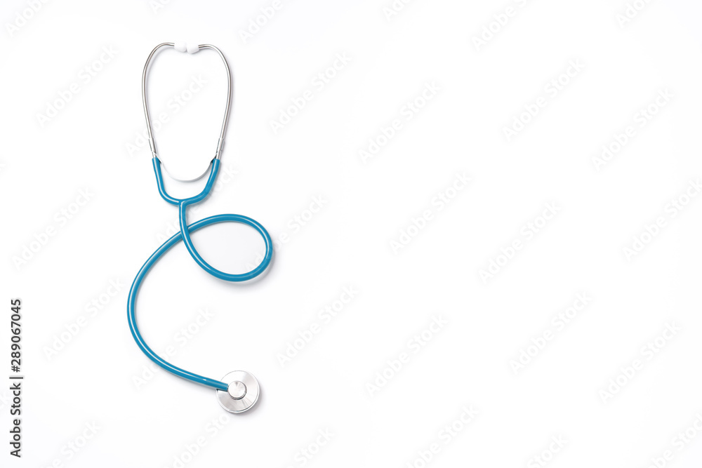 Green stethoscope, object of doctor equipment, isolated on white background. Medical design concept, cut out, clipping path, top view, studio shot. - obrazy, fototapety, plakaty 