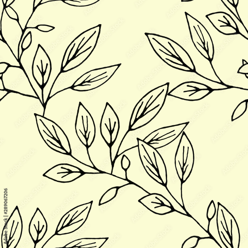 Naklejka premium Seamless pattern hand drawn ink botanical illustration of wild branches isolated on yellow background. Design for textile, wrapping or wallpaper