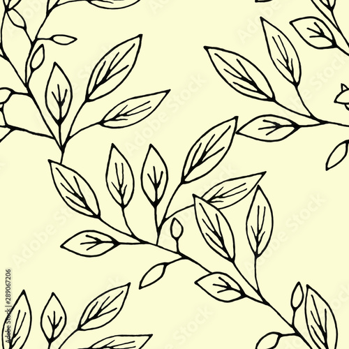 Seamless pattern hand drawn ink botanical illustration of wild branches isolated on yellow background. Design for textile, wrapping or wallpaper