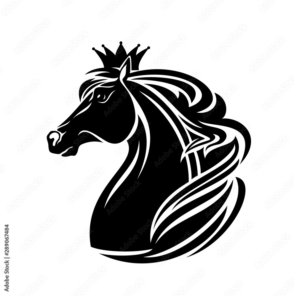 Fototapeta czarny ogier noszący koronę króla - portret głowy królewskiego konia profil wektor