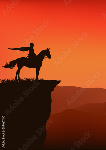prince with flying cape riding horse standing on high mountain cliff at sunset - fairy tale king vector silhouette