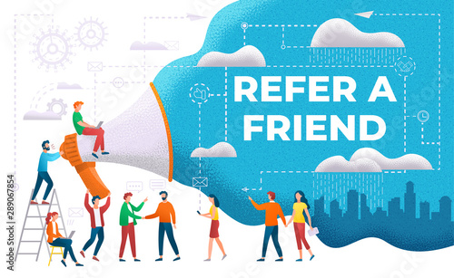 Announcement through megaphone vector, refer friend. People working together, cityscape with skyscrapers and town view. Marketing and promotion flat style. Invite friends. Share unique referral link